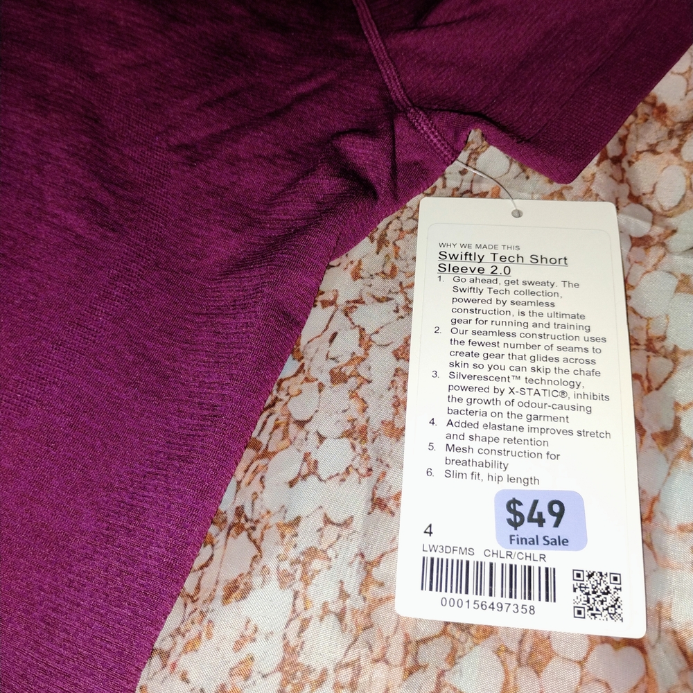 Women's Lululemon Short Sleeve Active Top - Plum Swiftly Tech 2.0 New With Tags - Picture 3 of 4
